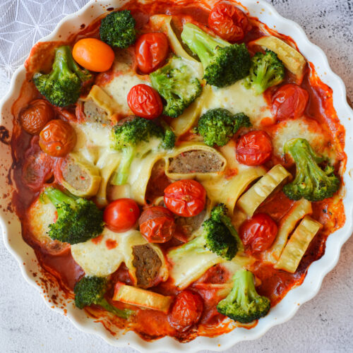 Maultaschenauflauf mit Brokkoli und Tomaten